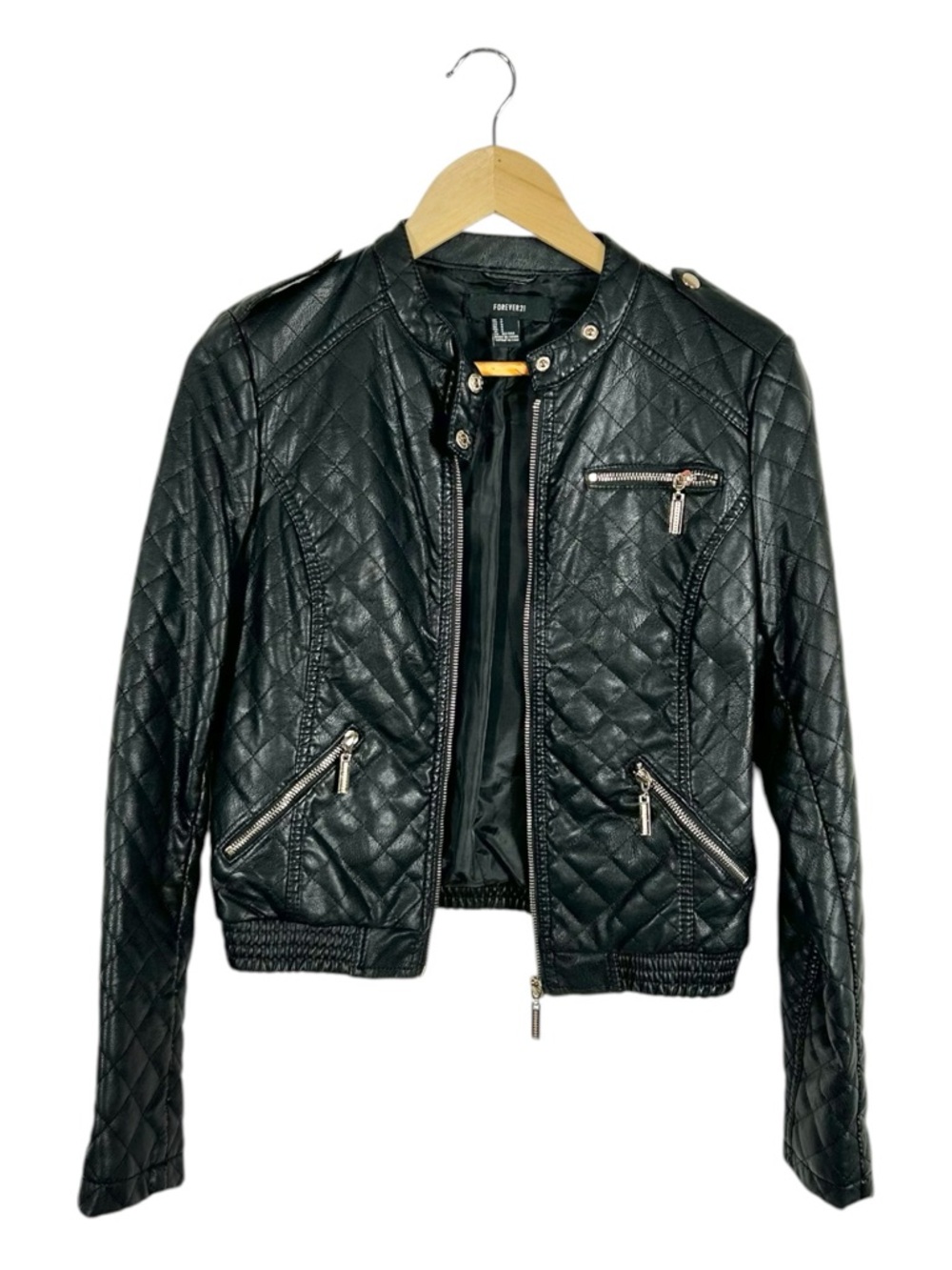Forever 21 Black Faux Leather Quilted Bomber‎ Moto Jacket Size Small